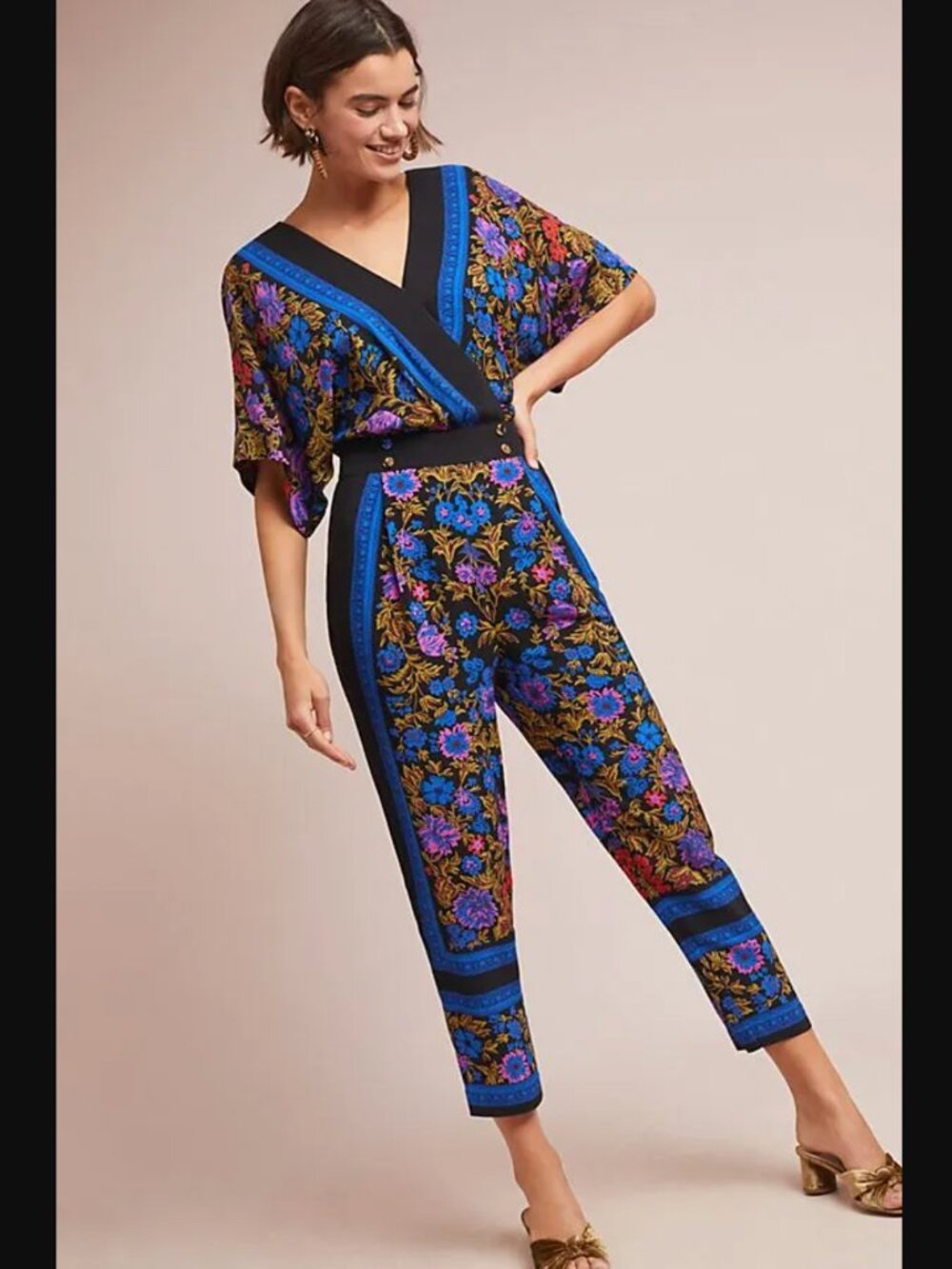 ANTHROPOLOGIE ETT:TWA Black and Floral Print Jumpsuit 0 XS